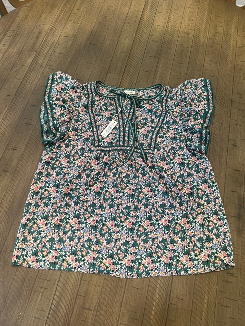 NWT Max Studio Green Floral Tie-Neck Flutter Sleeve Top Sz XL